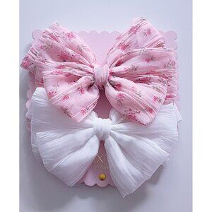 2-Pack Oversized Hair Bows – White & Pink Floral Clip Set | Elegant Textured Fab